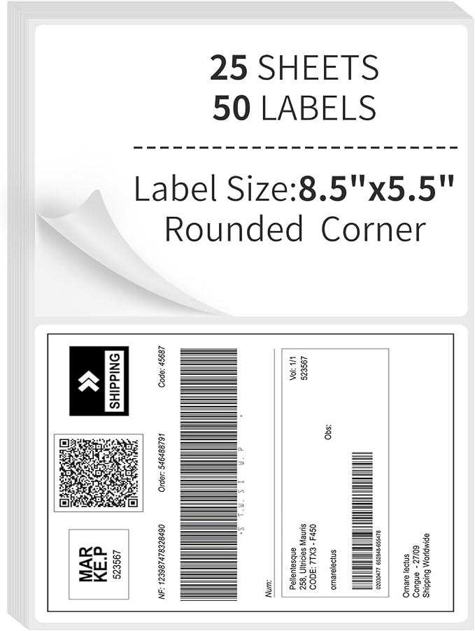 Round Corner Half Sheet Shipping Labels,2 Per Page Self Adhesive Mailing Labels,White Blank 8.5" x 5.5" Sticker Paper for Laser & Inkjet Printers (50 Labels)