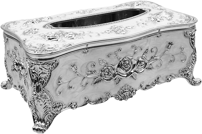 Luxurious Rose Tissue Box with Imitation Diamonds,Silver-White | Embossed Flowers，9.45"x5.43"x3.94"，Elegant Tissue Paper Holders，for Home Toilet Bath Hotel