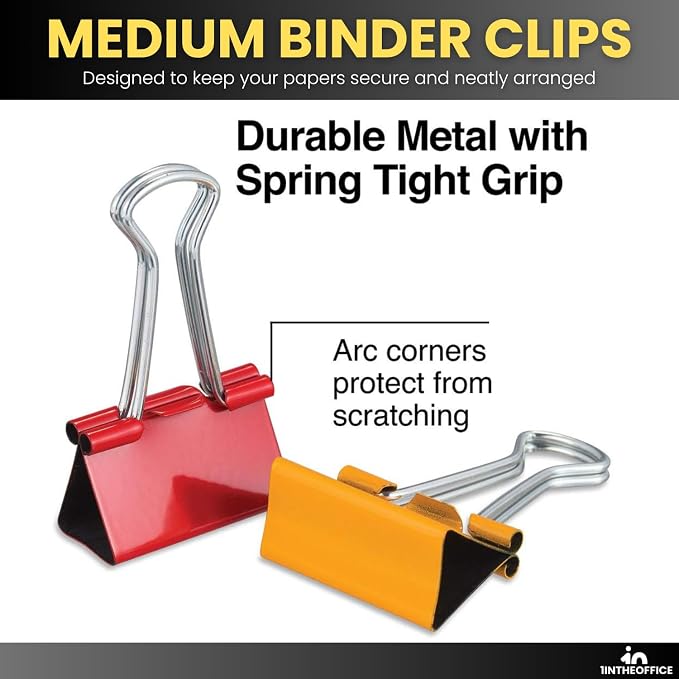 1InTheOffice Medium Binder Clips, Paper Clamps, Colored Binder Clips, 5/8" Capacity, Assorted Color, 24 Pack