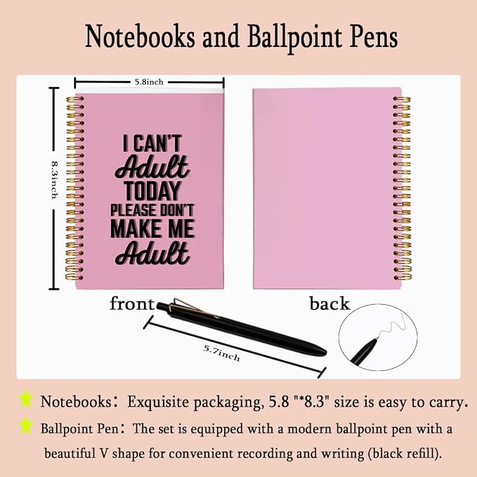 Funny Notebook with Pen Set I Can't Adult Today, A5 Spiral Journal for Women and Teens, 18th Birthday Gifts for Girls, 80 Sheets College Ruled Sarcastic Office Stationery, Humorous Pink Diary