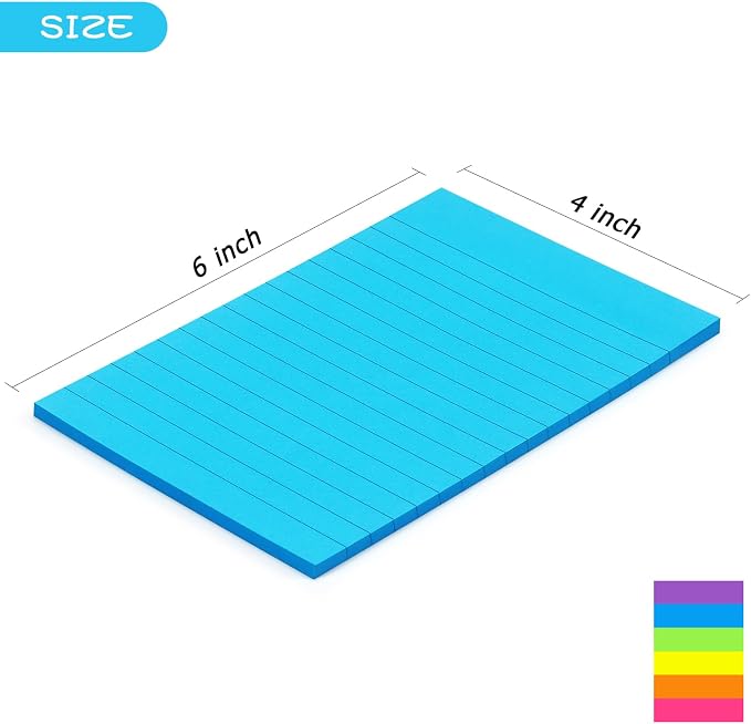 Early Buy Lined Sticky Notes, 4x6 in, 6 Bright Color, 6 Pads, 45 Sheets/Pad | Self-stick Repositionable Design, Great for Lists, Memos, and Daily Organization