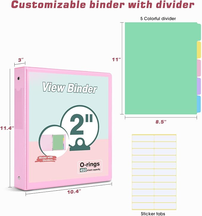 3 Ring Binder 2 inch，Cute Binder Organizer with 5 Tab Dividers Fits 175 Sheets of 8.5x11 Paper, Customizable Clear Cover with Inside Pockets, Aesthetic 2" Three Ring Binders for School Office，Pink