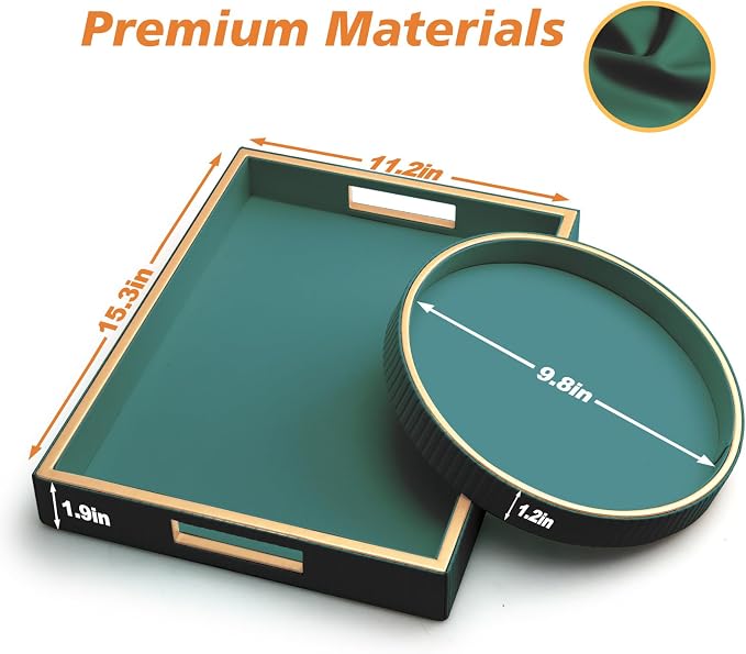 SANZIE Leather Tray Desktop Storage Organizer Premium Serving Trays Decorative Tray Valet Tray for Sundries Cosmetics Keys Phone Wallet Cutlery (Green Holder with Disc)