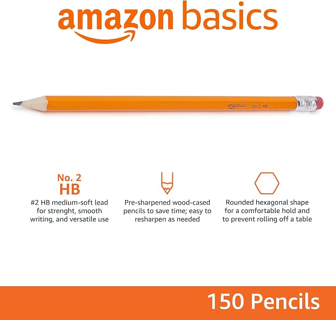 Amazon Basics Wood-Cased #2 Pencils for Writing, Drawing and Sketching, Pre-sharpened, HB Soft Lead with Erasers, Teacher Supplies, 150 Count, Yellow (Pack of 2)