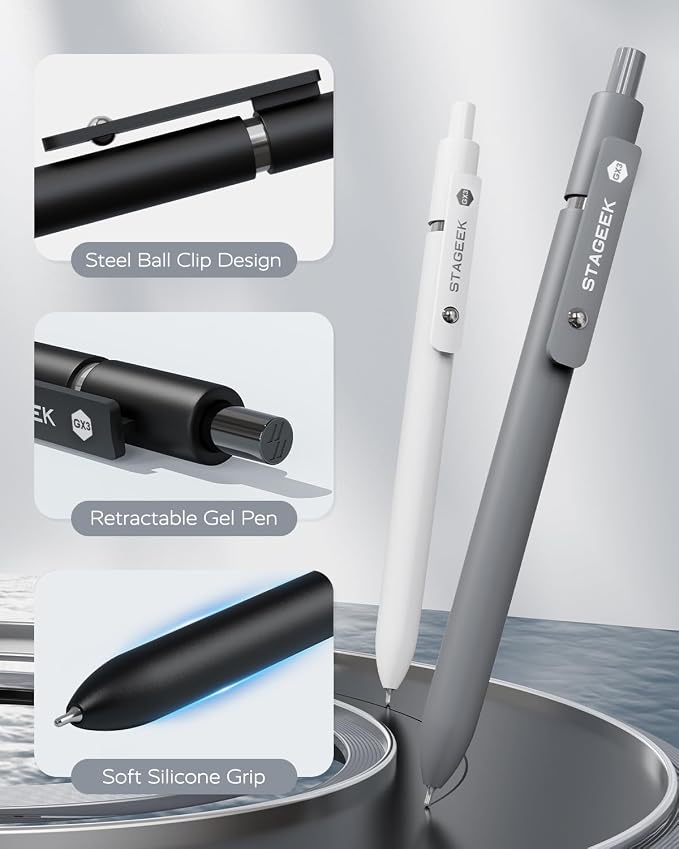 STAGEEK Black Gel Pens GX3, 6 Pcs Fine Point Smooth Writing Pens with 3 Extra Refills, Quick Dry Black Ink Pens for Journaling, Office, Note Taking, School Supplies, Nurse Aesthetic(Black Gray White)