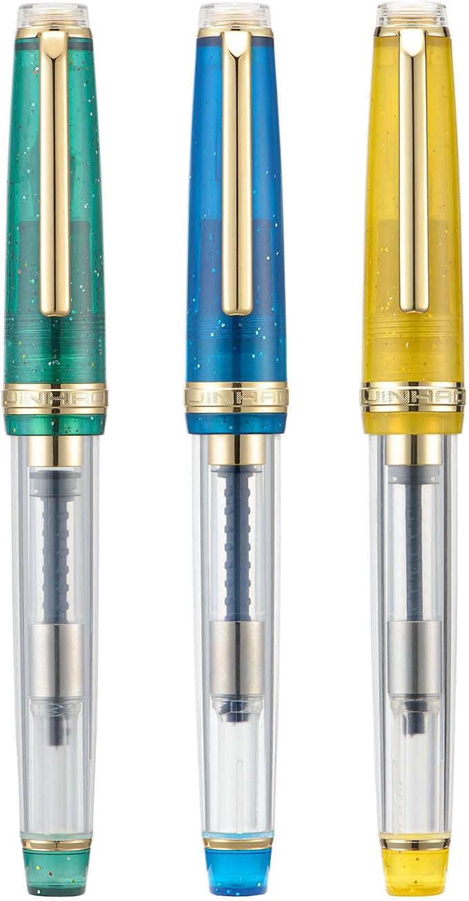 Set of 3 Jinhao 82 Fountain Pens Transparent Starry Sky Color Acrylic Medium Point Gold Trim with Converter