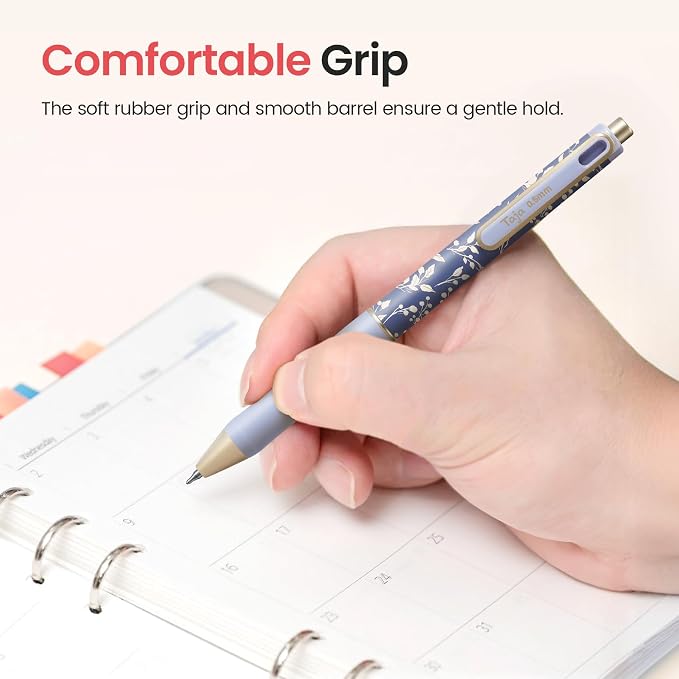 Taja Gel Pens, Floral Aesthetic 6 Pcs Quick Dry Black Gel Ink Pens, 0.5mm Fine Point Smooth Writing Pens for Journaling and Note Taking, Cute Aesthetic Pens for Women & Men-Floral