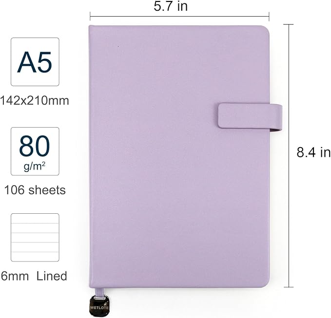 A5 Hard Cover Lined Notebook, Pen Holder & Gold Edges, 180° Lay Flat Journal, Large 5.7 x 8.4 in, Bookmark & Gift Box, Business Notebook for Work, Study, Travel(Light Purple)