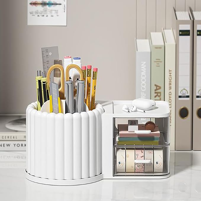 Rotating Makeup Brush Holder Organizer with Removable Dividers, White | 7 Slots Make Up Brush Organizer with Drawer 360 Spinning Cosmetic Storage Pen Holder for Desk, Vanity, Dresser