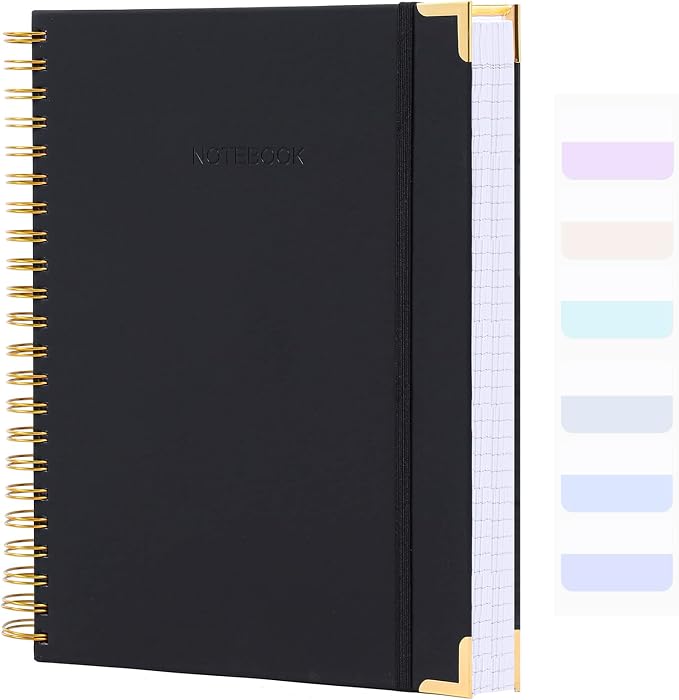 Spiral Notebook, College Ruled Notebook Journal, 7” x 10”, 300 Pages Leather Writing Journal for Women Men, B5 Hardcover Notebook for Work School, 24pcs Index Tabs, Black