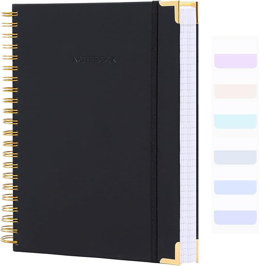 Spiral Notebook, College Ruled Notebook Journal, 7” x 10”, 300 Pages Leather Writing Journal for Women Men, B5 Hardcover Notebook for Work School, 24pcs Index Tabs, Black