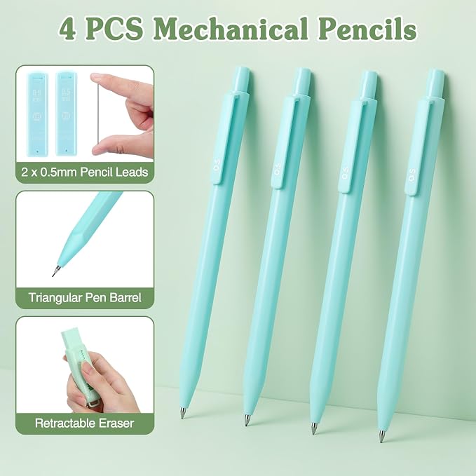 MoKo Pencil Case with Supplies, 49Pcs Aesthetic School Set, Green | Includes gel pens, highlighters, 0.5 mm mechanical pencils and refills, an eraser, sticky notes and index tabs.
