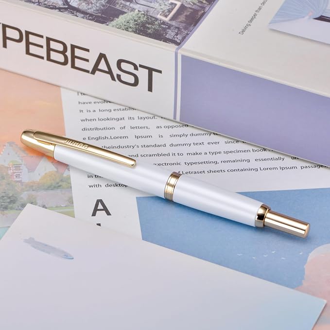Jinhao 10 Press Fountain Pen with Box, Pearl White Retractable Fine Nib with Converter Set (Golden Clip)