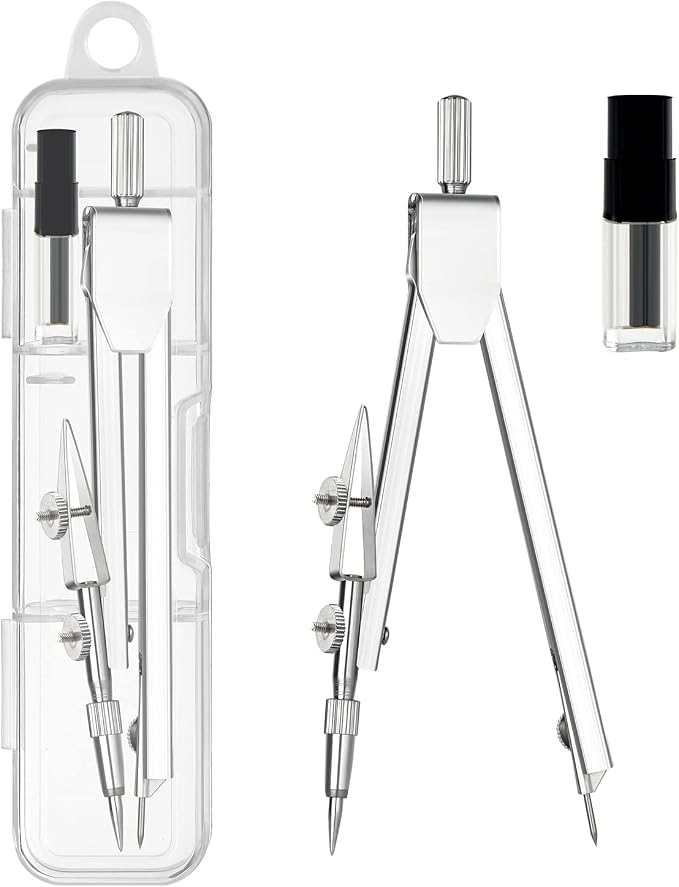 2 Pack Student Metal Compass Set for Geometry with Extra Lead Refills, Math Compass, Compass Drawing Tool, Drafting Compass for Students, Compass for Office School Supplies and Woodworking (2)