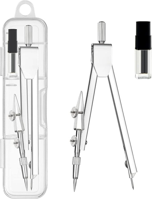 2 Pack Student Metal Compass Set for Geometry with Extra Lead Refills, Math Compass, Compass Drawing Tool, Drafting Compass for Students, Compass for Office School Supplies and Woodworking (2)