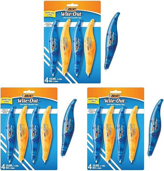 BIC Wite-Out Brand Exact Liner Correction Tape, 19.6 Feet, White, Fast, Clean and Easy to Use Tear-Resistant Tape, 4-Count (Pack of 3)
