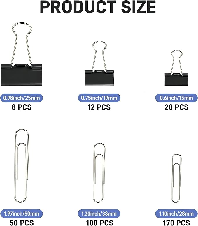 360PCS Black Assorted Size Paper Clips and Binder Clips, Paperclips Large Medium Small, Binder Clip and Paper Clip Set for Home, School, and Office Supplies in a Container with Compartments
