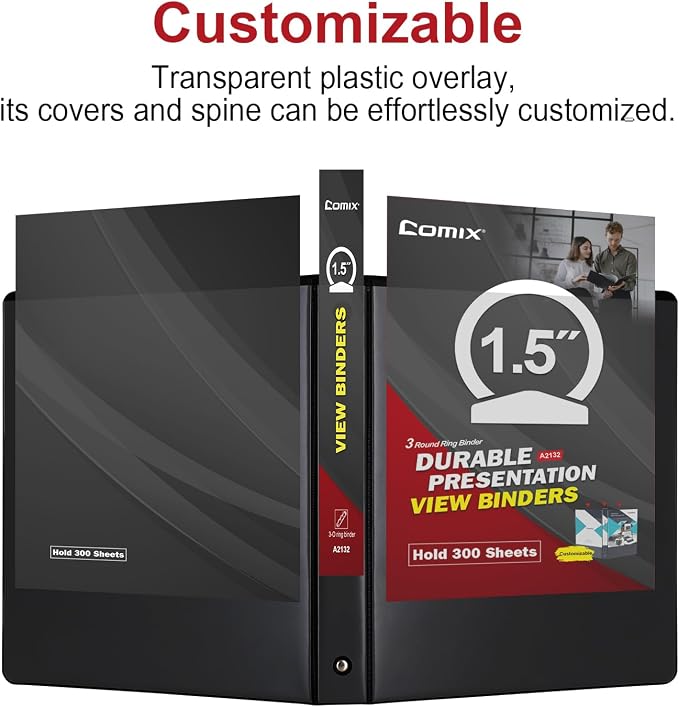 COMIX Sturdy 3 Ring Binder 1.5 inch with Clear View Cover, 1-1/2" Round Ring View Binder, PVC-Free, 2.4mm-Thick, 300 Sheets Capacity of US Letter Size Paper, Office ＆ School Supplies, 6 Pack (Black)