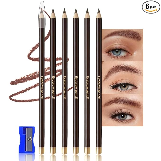 6Pcs Eyebrow Pencils for Women,Wooden Hard-Core Medium Brown Eyebrow and Eyeliner Pencil,Long Lasting Waterproof and Sweat-Proof,Beginner Makeup Brow Pencil,Create a Natural Eye Brow Makeup,Vegan