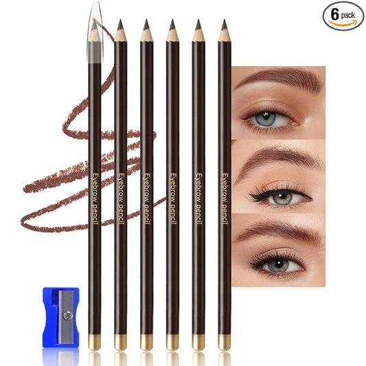 6Pcs Eyebrow Pencils for Women,Wooden Hard-Core Medium Brown Eyebrow and Eyeliner Pencil,Long Lasting Waterproof and Sweat-Proof,Beginner Makeup Brow Pencil,Create a Natural Eye Brow Makeup,Vegan