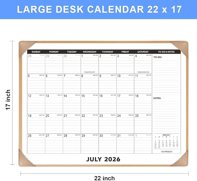 Large Desk Calendar 2026-2027 with Desktop Mat, KOPEESY 22" x 17" Desktop Calendar, 18 Mouths From July 2026 to December 2027, Office Supplies Desk Blotter Calendar for Home School and Office