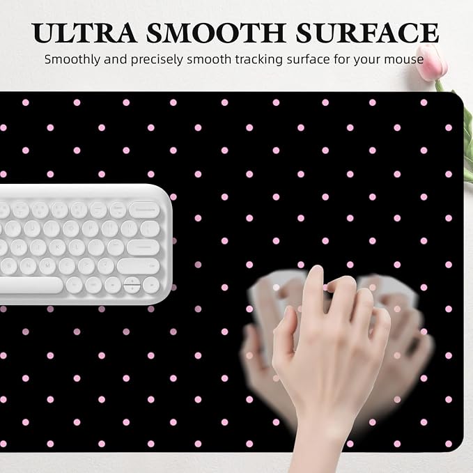 Pink Polka Dot Leather Desk Mat Extended Gaming Mouse Pad | Non-slip Large Writing Pad Laptop Blotter Computer Keyboard Mat | Cute Black Desk Protector for Home Office 31.5" x 15.7"