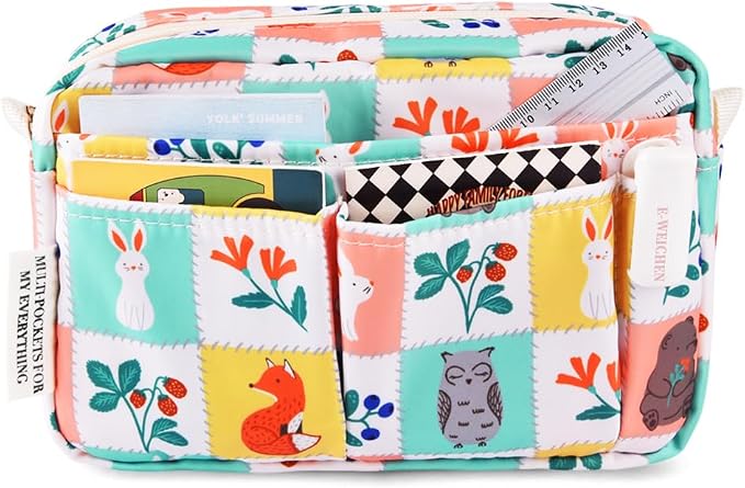 E-WEICHEN Multiple Pockets Portfolio Organizer with Zippered, Makeup Bag Travel Essentials for Women, Simple Waterproof Stationery Pencil Pouch Bag for Journal Office Art Supplies.Grid Cloth