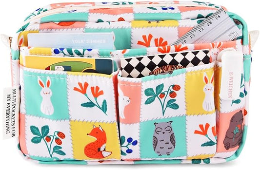 E-WEICHEN Multiple Pockets Portfolio Organizer with Zippered, Makeup Bag Travel Essentials for Women, Simple Waterproof Stationery Pencil Pouch Bag for Journal Office Art Supplies.Grid Cloth