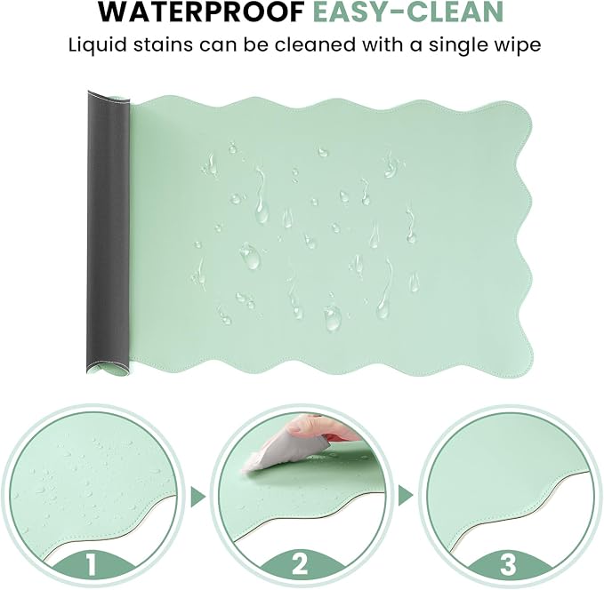 PU Leather Desk Pad, Scalloped Non-Slip Mouse Pad & Large Desk Mat Cover Stitched Edges Writing Pad for Office, Home - Waterproof, Easy to Clean, Durable Surface I 31.4"x15.7", Mint Green