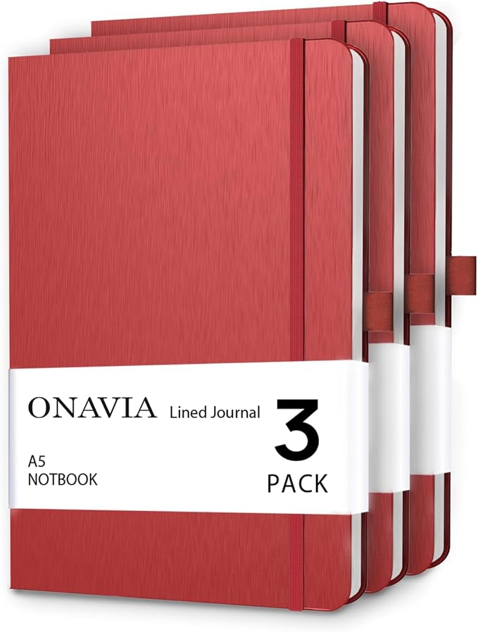 ONAVIA A5 Notebooks for Work, Lined Journal, 3 Pack, 160 Pages, Red | 80 Sheets, 5.8 x 8.3 in, Lay Flat, College Ruled, A5 Hardcover Journal, Lined Notebook for Work, School, Note Taking