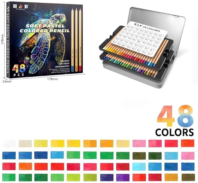 H & B 48 Soft Chalk Pastel Pencils for Artists & Adults | Pasteltint Pastel Colored Pencils, Vibrant Colors, Smooth Blendable Core, for Sketching & Coloring, in Durable Tin Case