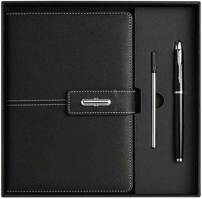 A5 Notebook Journal Leather Journal Hardcover With Pen Set for Work School Writing Business Notebook 200 pages + pen refill + gift box packaging(Black)