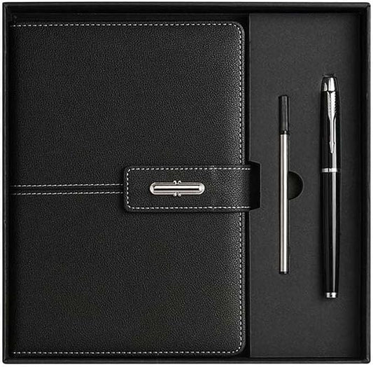 A5 Notebook Journal Leather Journal Hardcover With Pen Set for Work School Writing Business Notebook 200 pages + pen refill + gift box packaging(Black)