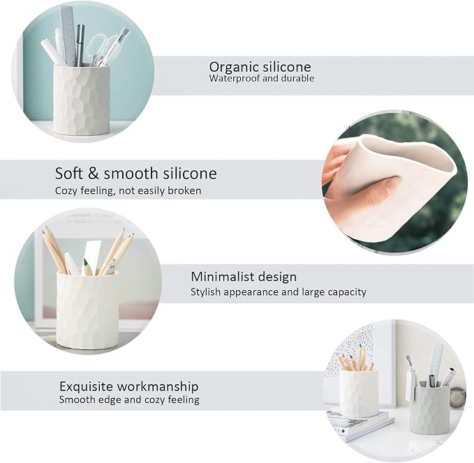 minimaliving Pen Holder,Nordic Style Silicone Waterproof Pencil Holder for Desk Simple&Modern Minimalist Makeup Organizer Multifunctional Office Supplies for Home,Kids and School(Light grey)