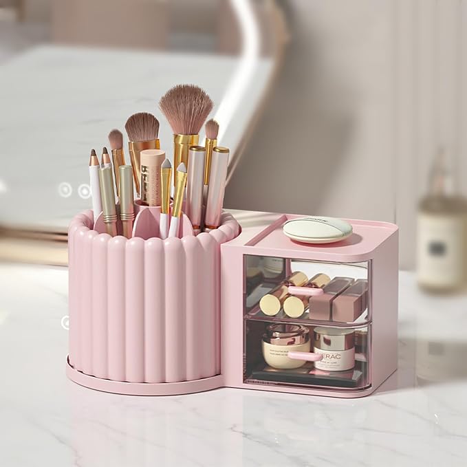 Rotating Makeup Brush Holder Organizer with Removable Dividers, Pink | 7 Slots Make Up Brush Organizer with Drawer 360 Spinning Cosmetic Storage Pen Holder for Desk, Vanity, Dresser