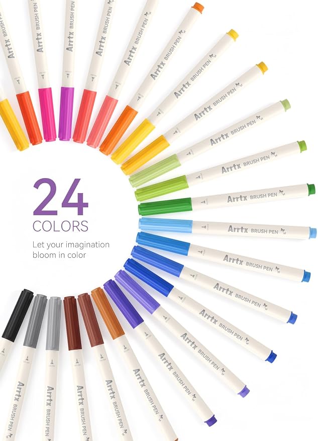 Arrtx Brush Marker Pens 24 Colors, Water-Based Ink Brush Pens for Hand Lettering, Journaling, Sketching, Outline Drawing & Illustrations,Art Supply