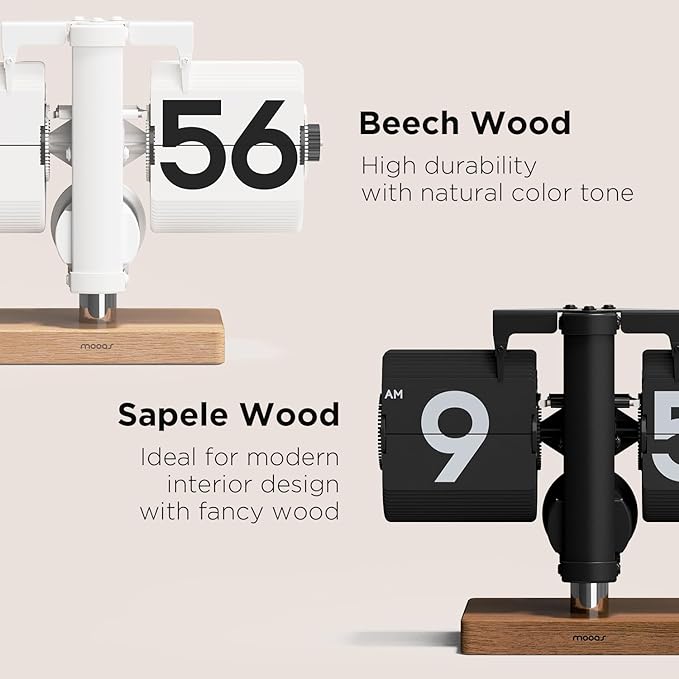 mooas Classic Modern Wood Mini Flip Desk Clock (Black), Retro Vintage Analog Design Auto Flip Clock Table Clock Large Number Battery Powered, Ideal for Home Office School Hotel Café