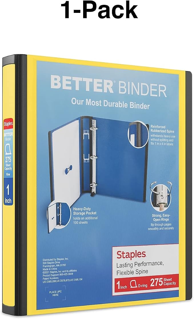 Staples Better View 1-Inch D-Ring Binder, Yellow – Durable 3-Ring Binder with Clear Overlay for School & Office