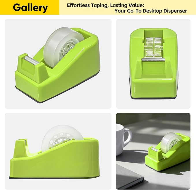 Desktop Office Tape Dispenser, Fits Standard 1-Inch Core Tapes, Weighted Non-Slip Base, Sharp Metal Blade, Smooth Cutting, Adhesive Roll Holder for Office, School, Shop, Home & Business - Apple Green