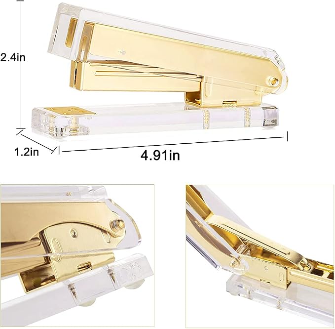 Acrylic Gold Tape Dispenser & Desktop Stapler, Includes Staple Remover, Tape, 1000pcs Staples - Cute Office Stapler Set for Modern Design Desk Accessory Kit