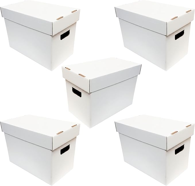 Max Protection Magazine Storage Boxes with Lids - Heavy Duty, 5 Pack | 200 lb Test Corrugated, Made in USA, File and Document Organizer, White, Tool-Free Assembly