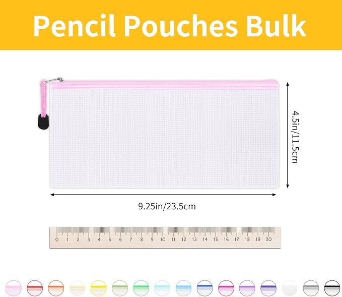 EOOUT Pencil Pouch 50pcs 9.5x4.5 Inches Small Mesh Zipper Pouch in 15 Colors for Bill Travel Tickets Storage and Office Supplies Storage