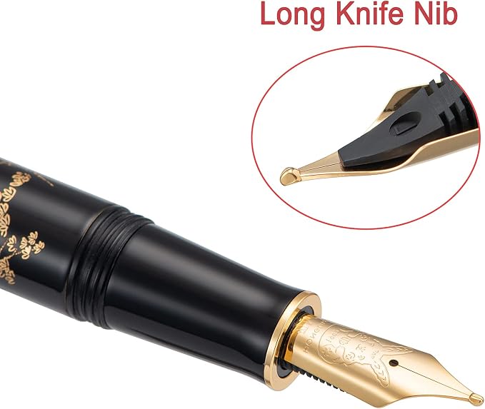 HONG DIAN Hongdian N23 Black Rabbit Fountain Pen, Long Blade Medium Nib Gold Trim, New Year Lucky Rabbit Carving Design, Smooth Writing Pen with Converter and Metal Pen Box Set
