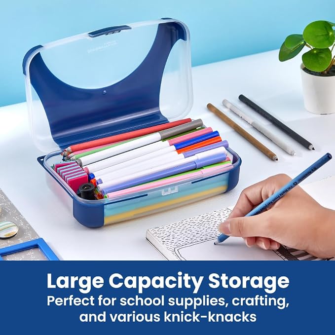 LockerMate by Bostitch Hard Pencil Case, Durable Plastic Pencil Box, Kid-Friendly Design, Navy & Clear