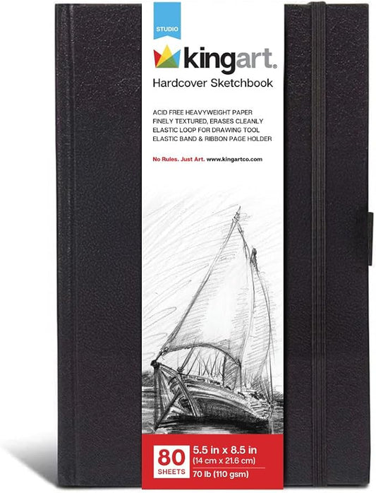 KINGART Hardcover Sketchbook Journal Set – 5.5 x 8.5 Inch, 2-Pack – 80 Sheets Each (70 lb / 110 GSM), Perfect Bound Heavyweight Black Notebooks