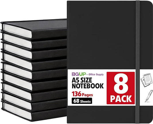 8 Pack Lined Journal Notebook for Work, A5 Hardcover (5.5" x 8.3"), Black 136 Pages Medium College Ruled Notebook Bulk, for Writing, Note Taking, Business Work School Home