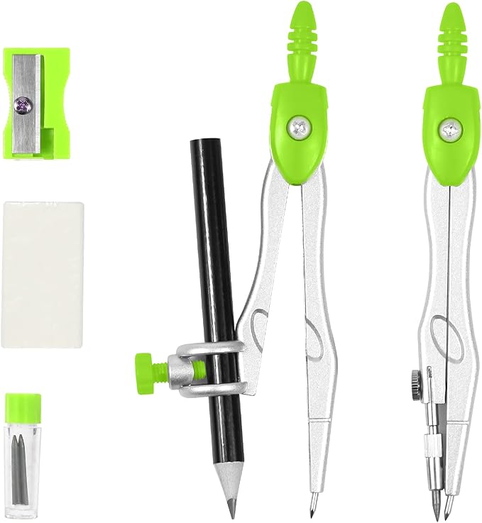 Unjoo Geometry Set 10 Pcs Student Supplies, Protractor and Compass (Green） | Shatterproof Storage Box,Rulers,Protractor,Compass,Eraser,Pencil Sharpener,Lead Refills,Pencil,for Classroom, Back to School