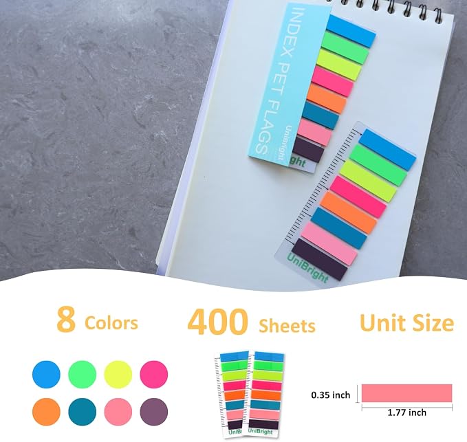 400 pcs Sticky Tabs for Books, Colored Transparent and Writable Page Markers with 4 Inch Ruler, Repositionable Strong Sticky Page Tabs for Bible, Notebook, Office & School