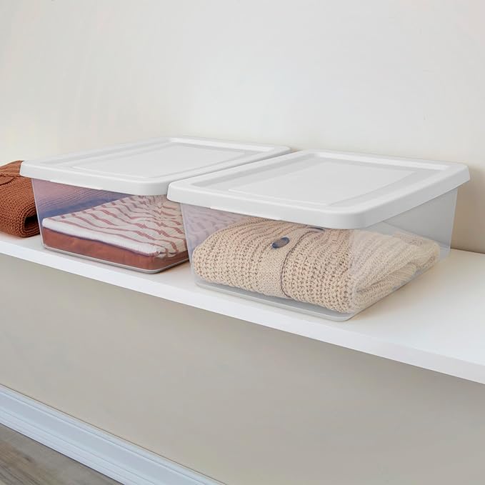 Sterilite Storage Box Stackable Tote, White, 12 Quart, 45 Pack | Clear Plastic Container with Secure Snapping Lids for Home and Office Organization