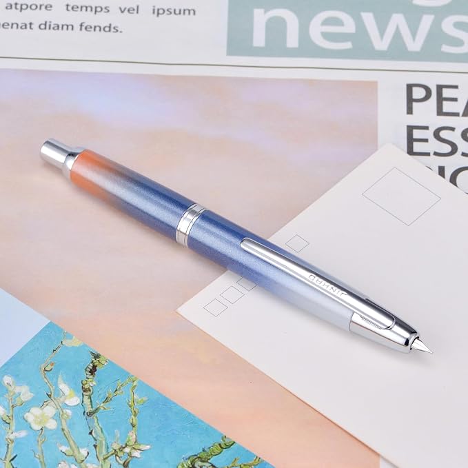 Jinhao 10 Press Fountain Pen with Box, Gradient Dark Blue Retractable Medium Nib with Ink Converter Set (Silver Clip)